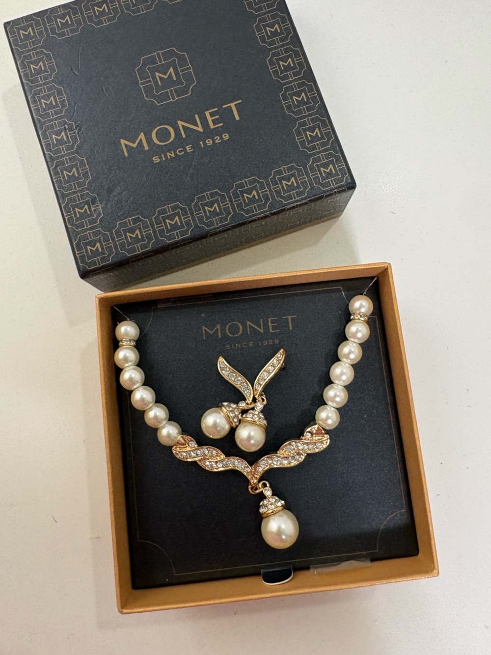 Monet Gold Pearl Drop Necklace and Earring Set